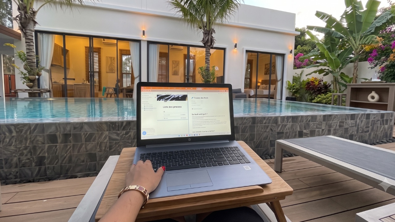 L’ordinateur de Céline ouvert sur son travail, au bord d’une piscine dans un cadre tropical
